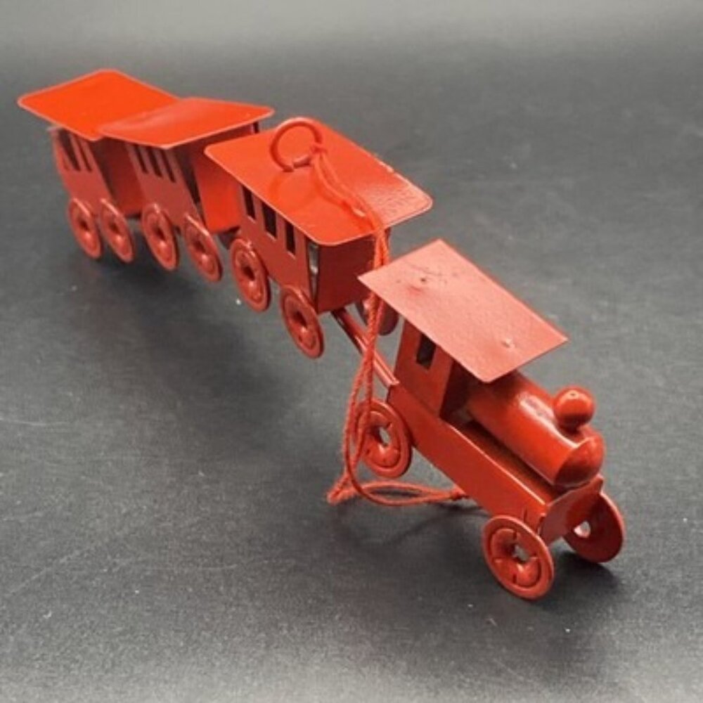 Lot 2 Vintage Metal Train Ornaments Red 4-Car Magnetic Gold Brass Locomotive - Picture 6 of 9